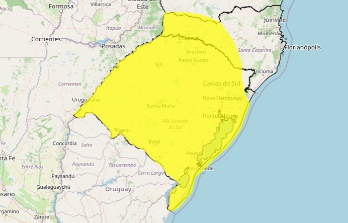 Mapa da quinta-feira (27), indicando tempestades