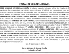 JORGE VINÍCIUS DE MOURA CORRÊA, brasileiro, casado, Leiloeiro oficial do Estado do Rio Grande do Sul, matriculado na JUCISRS sob o número 3752018, em consonância com a Lei 21.98132, com as modific